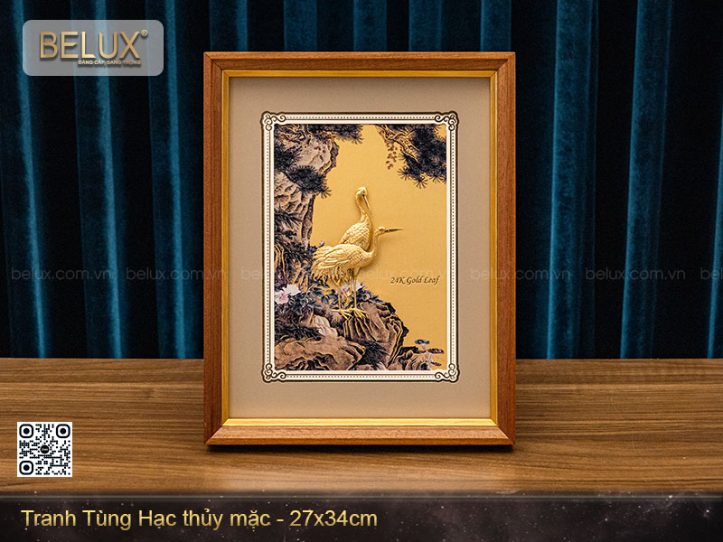Tranh tùng hạc thủy mặc dát vàng kt 34x27cm&nbsp;